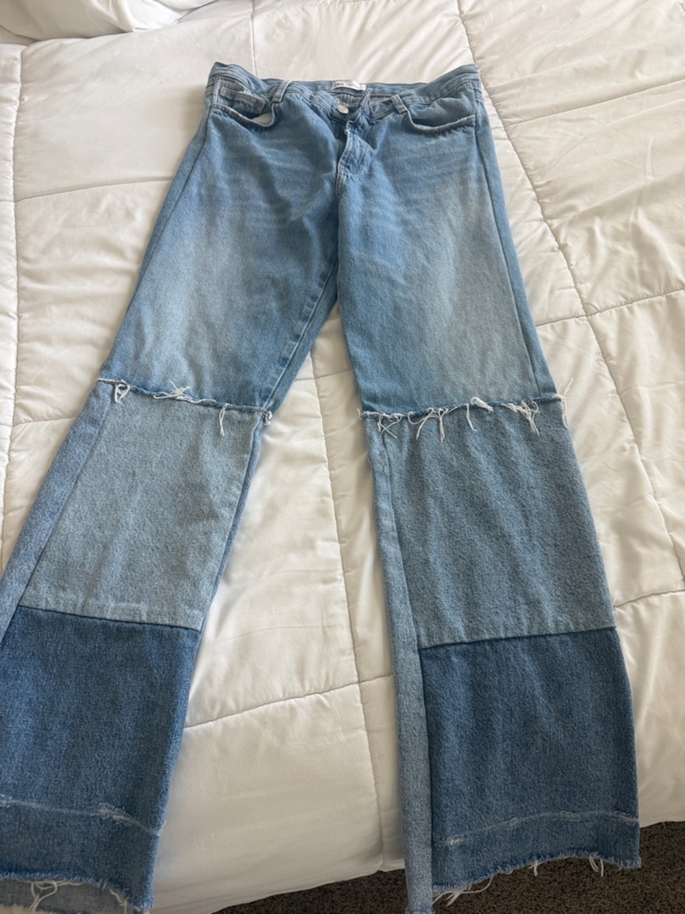 Zara Two-Tone Patchwork Wide-Leg Jeans - Light & Dark Blue